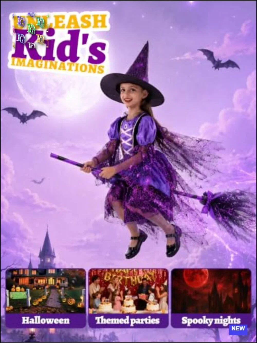 Kids Witch Costume with LED Lights – Halloween Dress, Hat, Broomstick, Wand,